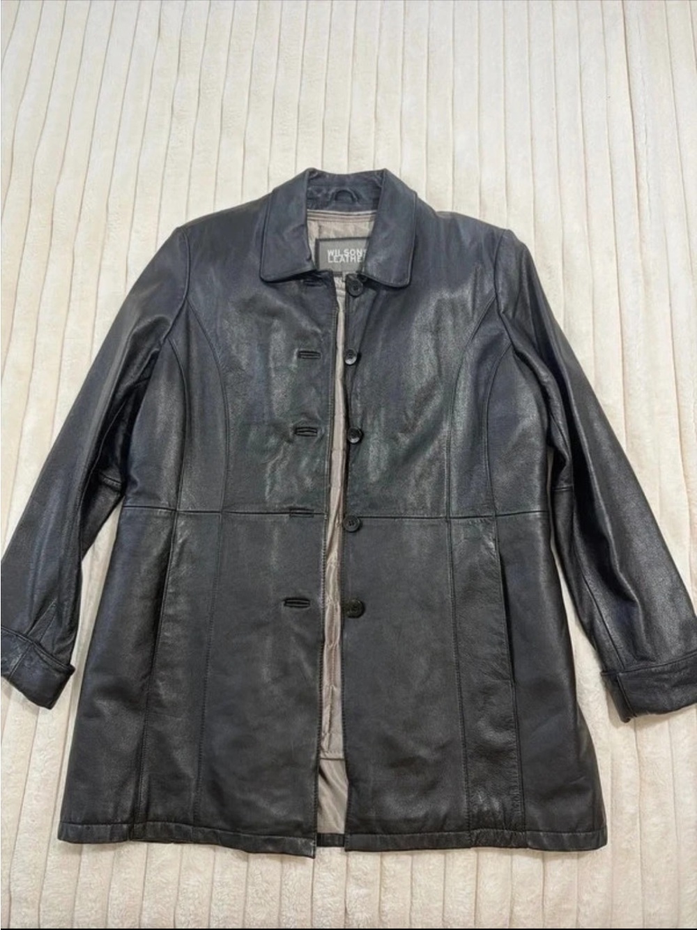 Wilsons  Black  Genuine Leather Pea Coat insulation  vest attached